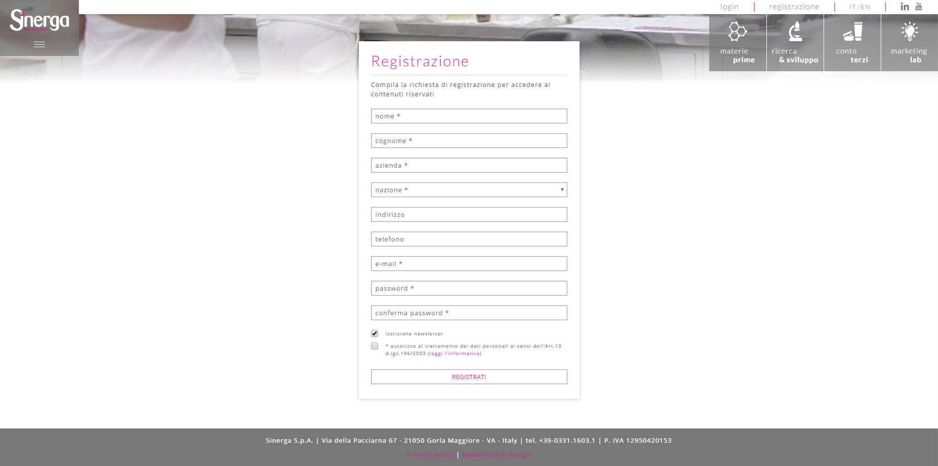 Pagina registrazione sito internet